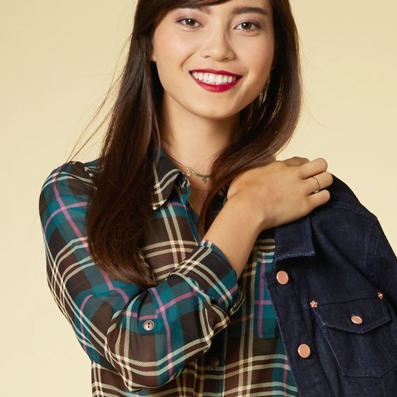 EUC Modcloth Sheer Plaid Button Down Blouse 1X - Picture 2 of 16